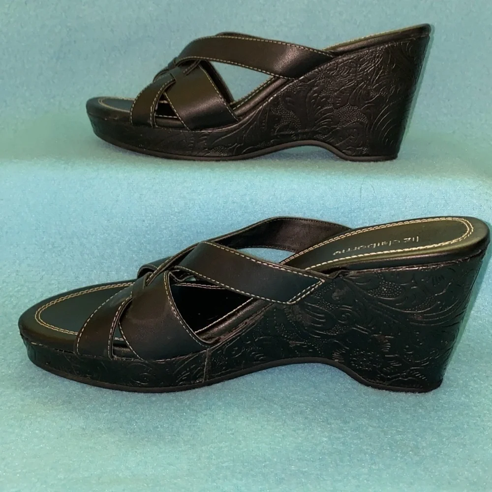 LIZ CLAIBORNE Seville leather wedge black strap chunky summer sandals size 6.5 M